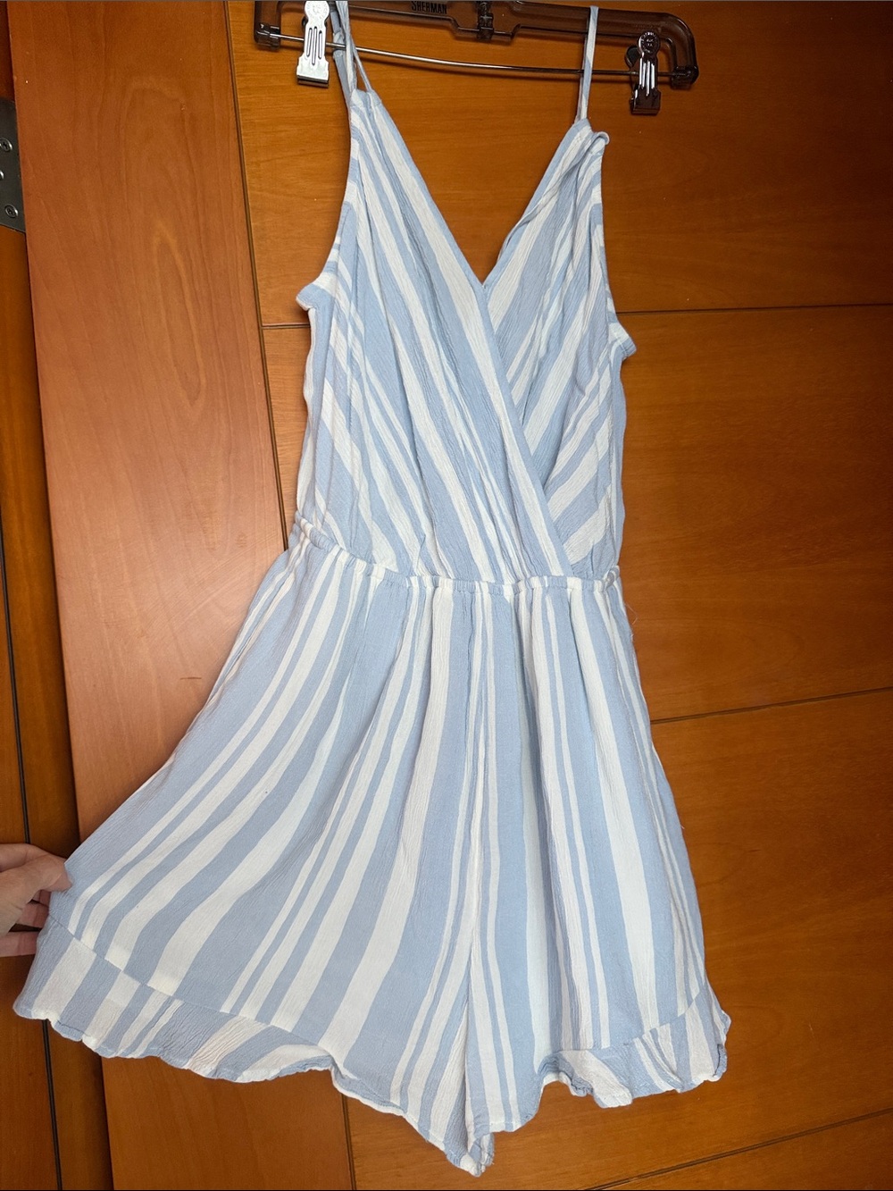 American Eagle Outfitters Light Blue & White Striped Spaghetti Strap Romper